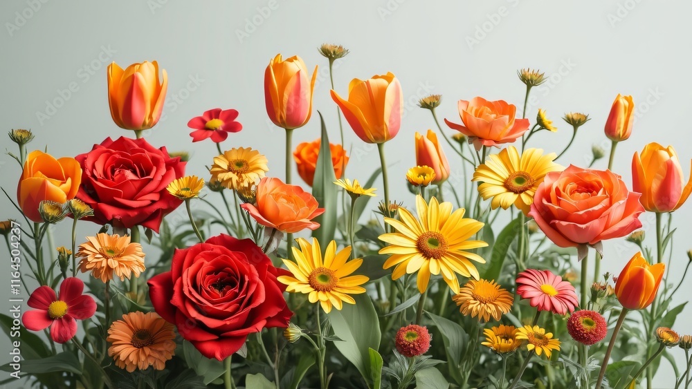 Obraz premium Vibrant Spring Bouquet, Red Roses, Yellow Daisies, Orange Tulips & More - Whimsical Garden Flower Arrangement