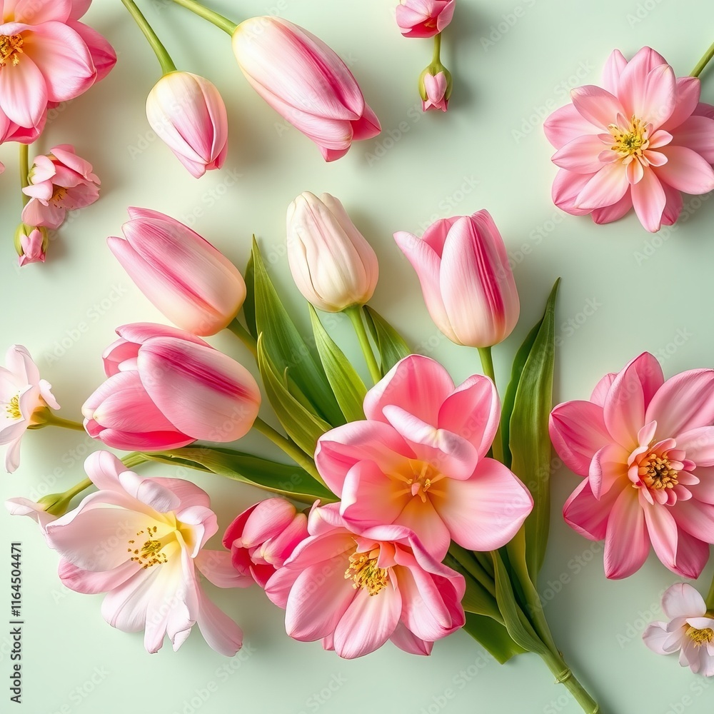 Gentle Cluster of Tulips and Gardenias, Flowing Harmoniously on a Soft Mint Green Background, Glowing with Elegance Gentle Cluster of Tulips and Gardenias, Flowing Harmoniously on a Soft Mint Green Background, Glowing with Elegance