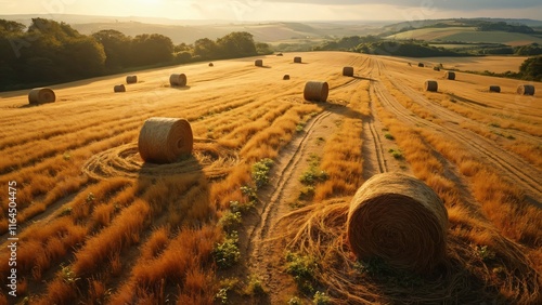 Aerial View of Sun-Kissed Haystack Field in Pyecombe, UK, Golden Hour Hay Bales, Rolling Hills, Rustic Charm, Abstract Patterns, English Countryside photo