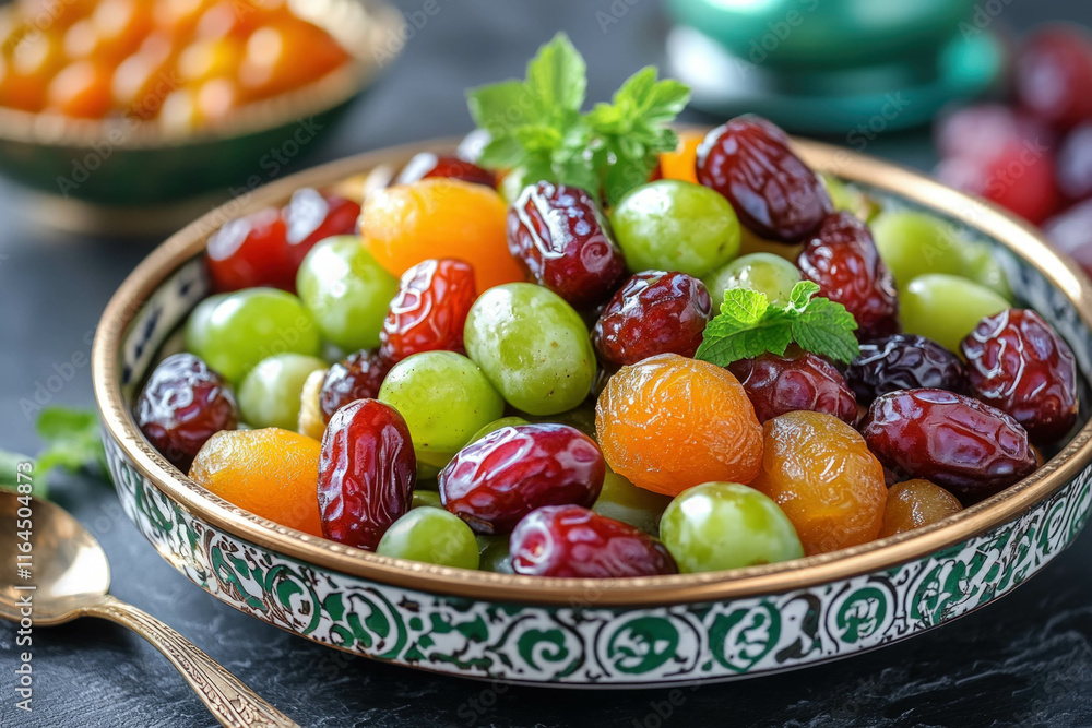 A Beautifully Arranged Assortment Of Fruits And Dates On A Festive Table For A Delicious Ramadan Background A Beautifully Arranged Assortment Of Fruits And Dates On A Festive Table For A Delicious Ramadan Background