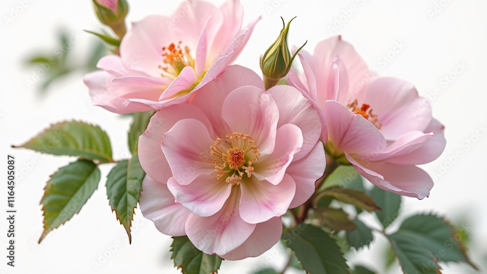 Obraz premium Stunning Pink Rosa Rugosa Flower Cluster, High-Definition PNG Image with Swirling Leaves and Buds