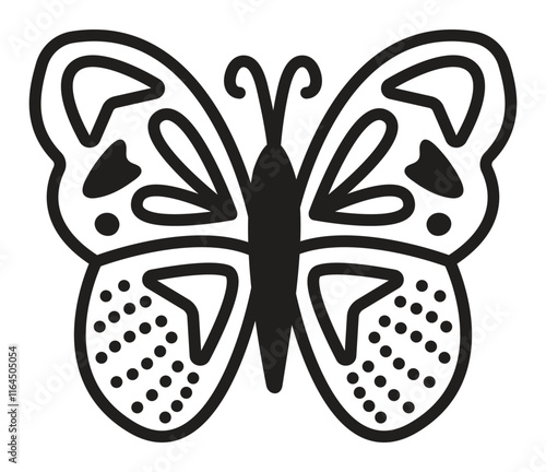 Black line butterfly, fly with beautiful wings, vector monochrome illustration