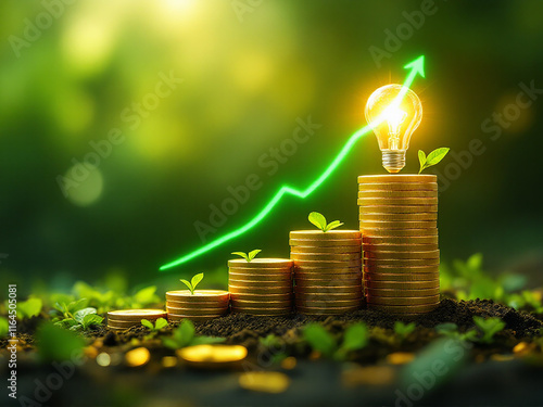 Investment Progress Illustration: Wealth and Financial Growth with Golden Coins, Professional Depiction of Wealth: Stacked Golden Coins Showing Growth photo