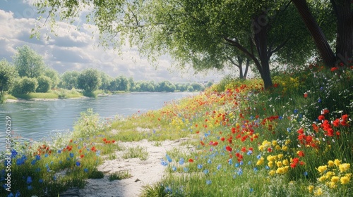 Sunny riverbank with colorful wildflowers and trees.