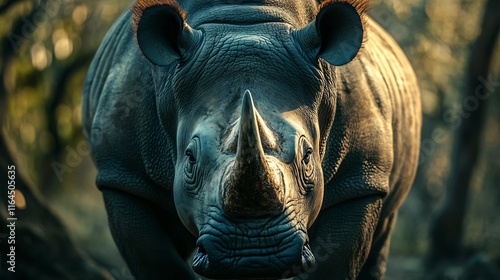 Rhino with a large horn is standing in the woods. Concept of strength and power, as the rhino's horn is prominently displayed. The natural setting of the woods adds to the overall mood of the image photo