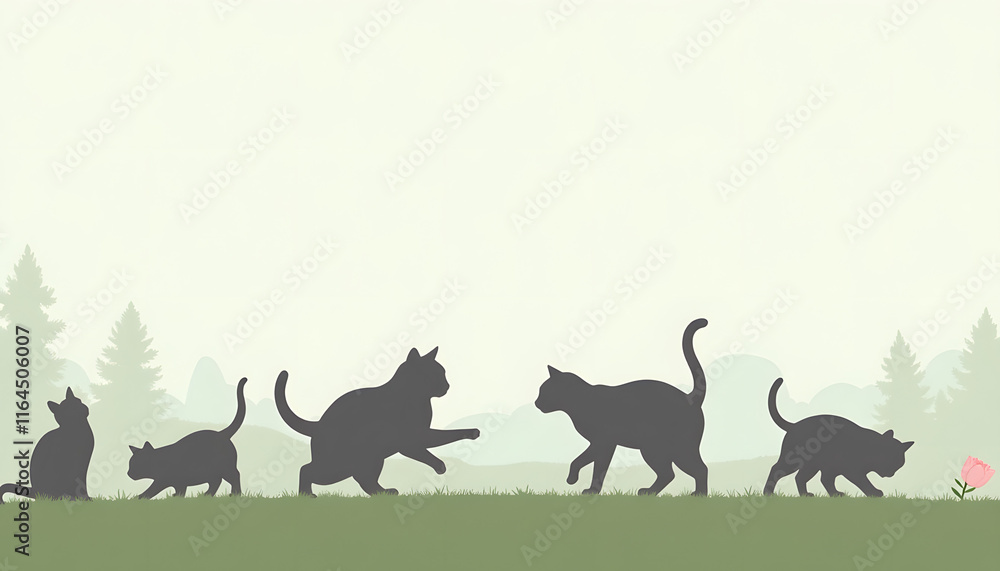 Minimalist artwork of playful cat silhouettes in a flat spring landscape with soft colors Minimalist artwork of playful cat silhouettes in a flat spring landscape with soft colors