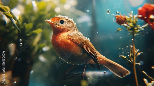 Bird is standing in a pond with water droplets on its feathers. The bird is surrounded by green plants and flowers photo