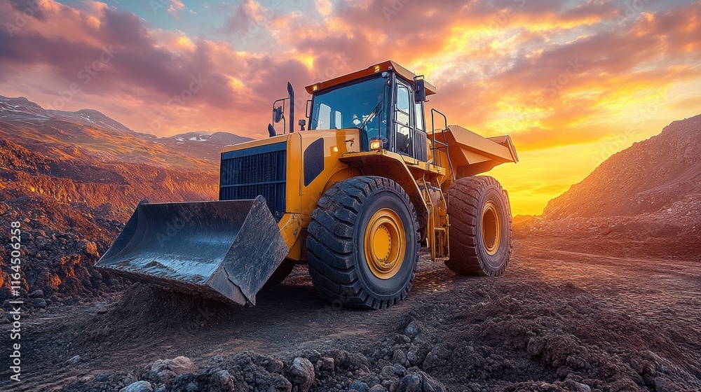 Yellow articulated dump truck at sunset in a quarry. Yellow articulated dump truck at sunset in a quarry.