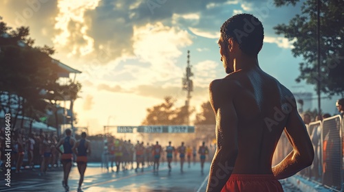 Runner at sunset, back view, looking at marathon finish line.