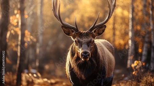 Deer is standing in a forest with its antlers showing. The deer appears to be wet and is looking at the camera. Concept of wildness and natural beauty, as well as a feeling of curiosity and wonder photo