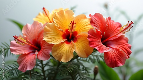 Wallpaper Mural Vibrant Hibiscus Flowers, Delicate Orange, Yellow, Pink, and Red Petals Against Snowy White Background Torontodigital.ca