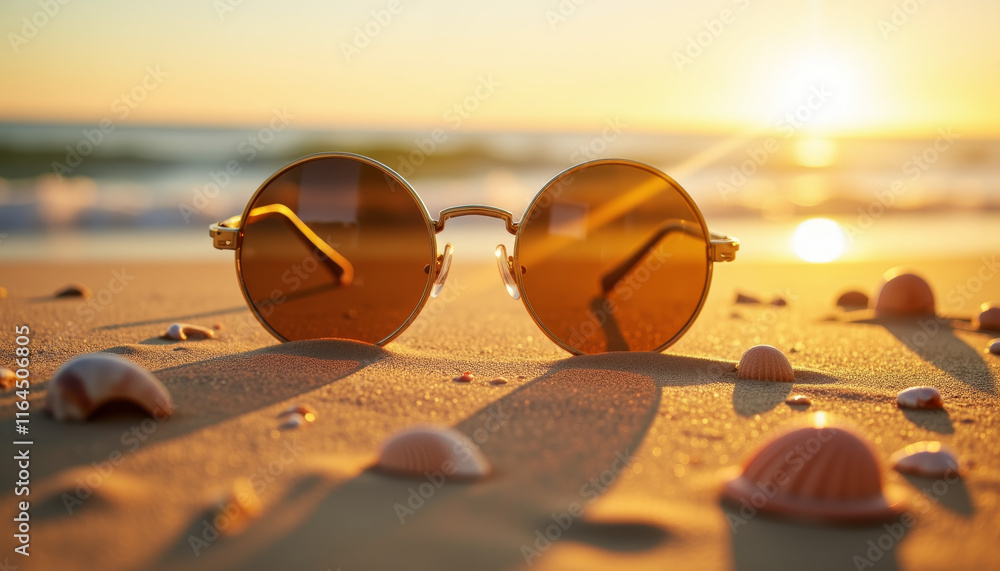 custom made wallpaper toronto digitalGolden hour shines through stylish sunglasses resting on sandy beach with seashells scattered along the shoreline