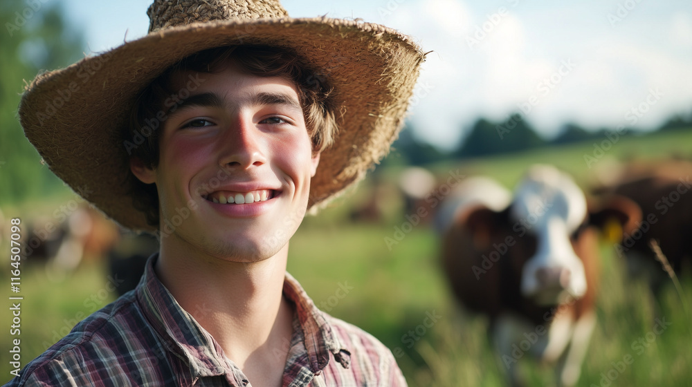 Portrait of a cheerful farmer wearing straw hat standing in a field with cattle grazing in background