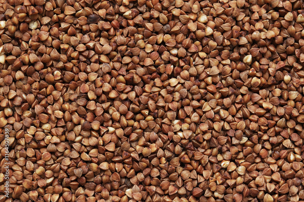 Buckwheat groats, top view. Raw large buckwheat grains, uncooked porridge. Buckwheat background. Raw buckwheat texture background, brown grains pattern Buckwheat groats, top view. Raw large buckwheat grains, uncooked porridge. Buckwheat background. Raw buckwheat texture background, brown grains pattern