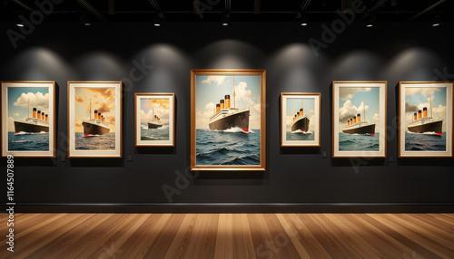 Artistic tribute to maritime history displayed in a modern gallery setting featuring multiple Titanic-themed artworks photo