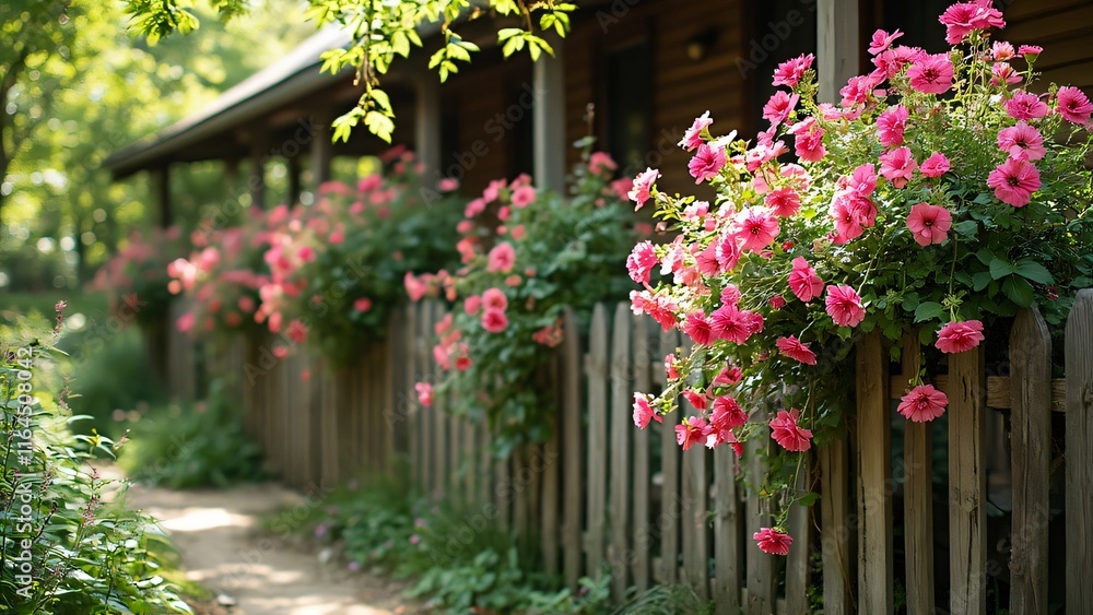 Fototapeta premium Vibrant Pink Flowers Cascading Over Rustic Wooden Fence at Cabin Retreat, A Summer Morning Scene