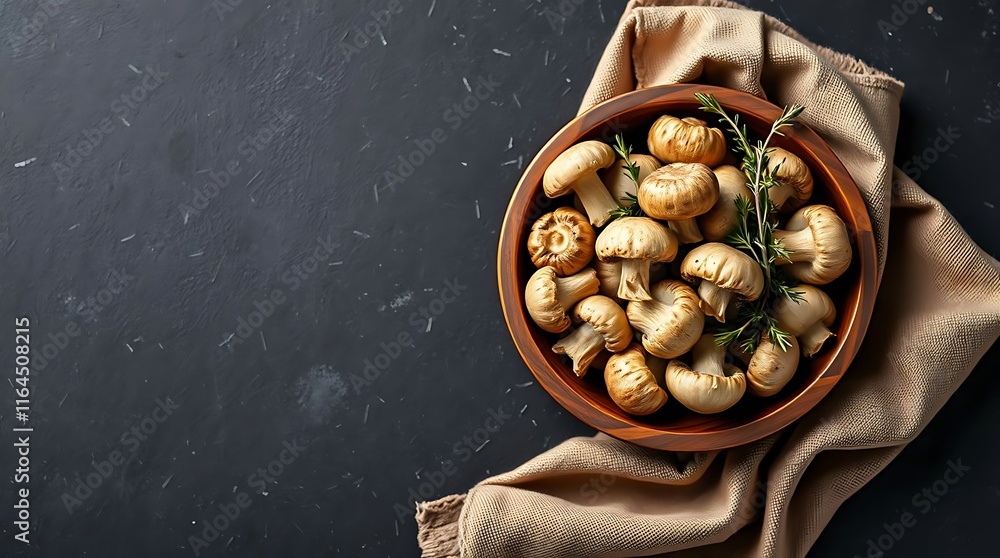 Eerie Wooden Bowl of Fresh Mushrooms with Dark Tones and Creepy Atmosphere Eerie Wooden Bowl of Fresh Mushrooms with Dark Tones and Creepy Atmosphere