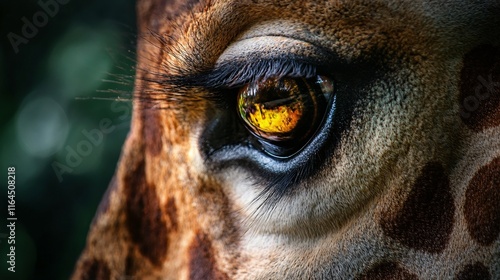 Close up of a giraffe's eye with a yellowish tint. The eye is surrounded by a brownish-orange skin, and the giraffe's fur is visible in the background. Concept of curiosity and wonder photo