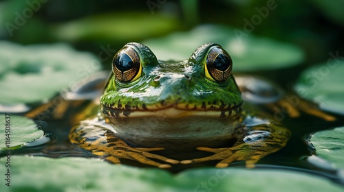 Frog is sitting on a leaf in a pond. The frog is green and has yellow eyes photo