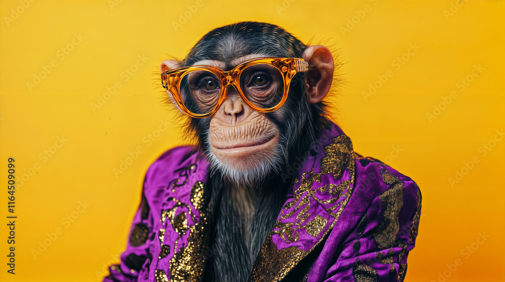 The image features a chimpanzee wearing a stylish purple jacket with gold designs and large, orange sunglasses, set against a vibrant yellow background The image features a chimpanzee wearing a stylish purple jacket with gold designs and large, orange sunglasses, set against a vibrant yellow background