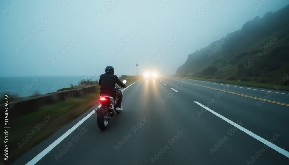 Rider navigates a misty coastal road at dawn, surrounded by fog and the sound of crashing waves Rider navigates a misty coastal road at dawn, surrounded by fog and the sound of crashing waves