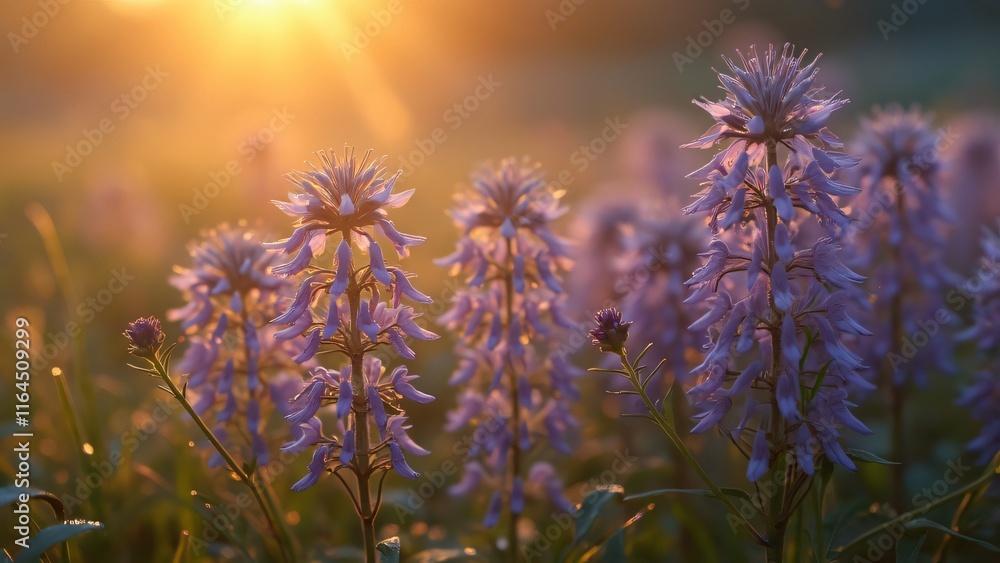 Obraz premium Sunrise Meadow, Delicate Purple Star-Shaped Flowers with Intricate Stems and Dewy Grass