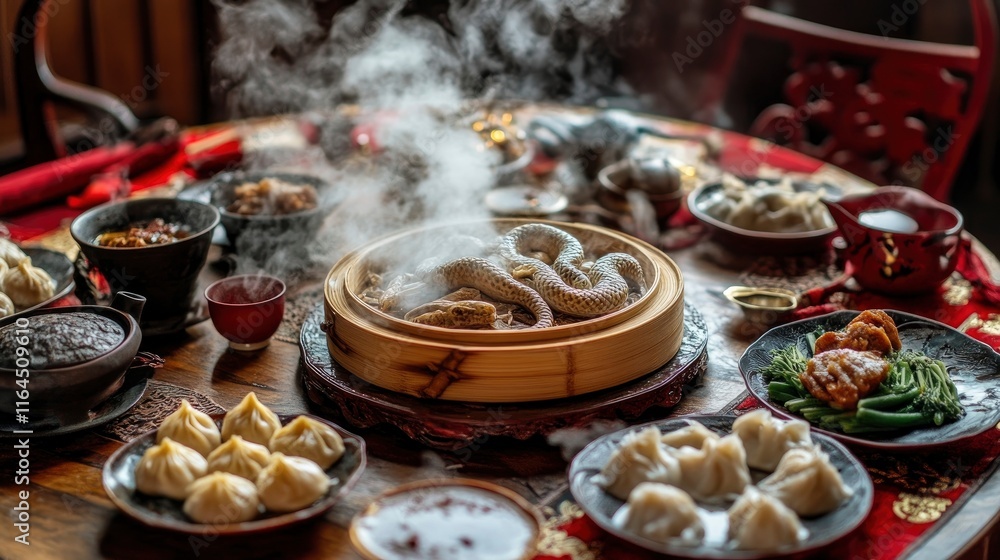 A family dinner table adorned with a wooden snake centerpiece surrounded by steaming dumplings and tea. A family dinner table adorned with a wooden snake centerpiece surrounded by steaming dumplings and tea.