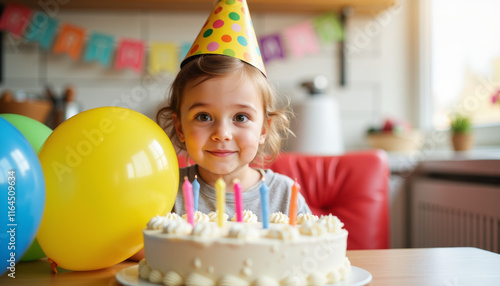 Joyful child celebrates birthday with cake, balloons, and colorful decorations in a cozy kitchen environment photo