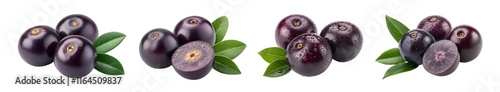 fresh acai berries with leaves isolated on white background - close-up of fresh acai berries with green leaves, whole and halved, showcasing their vibrant purple color and texture.
