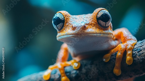 Frog with orange skin and black eyes is sitting on a branch. The frog's eyes are large and seem to be staring at the camera photo