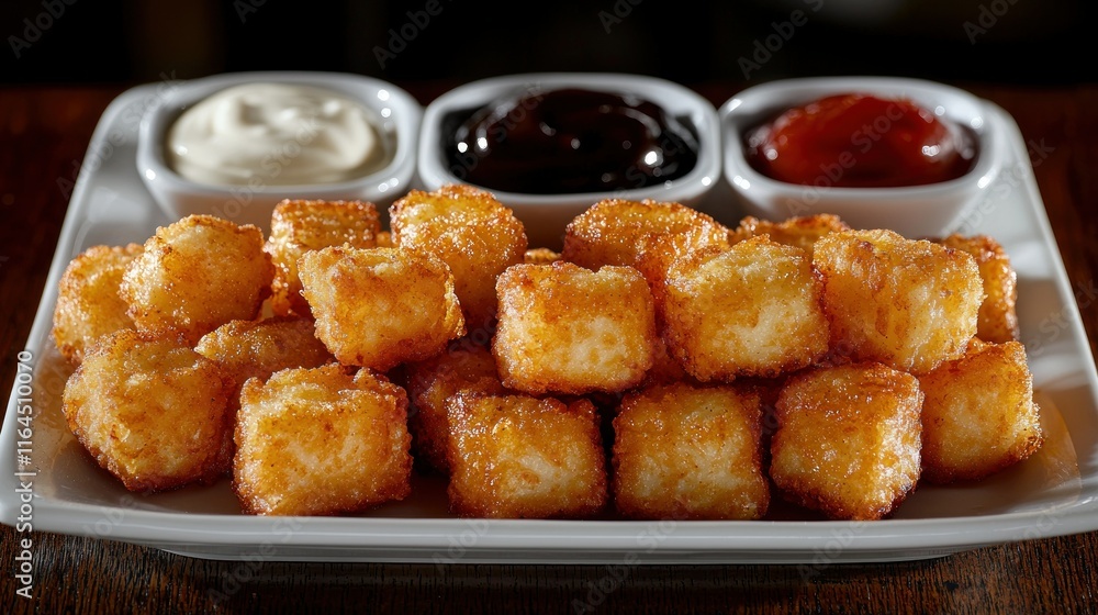 Crispy fried potato bites with dipping sauces. Crispy fried potato bites with dipping sauces.