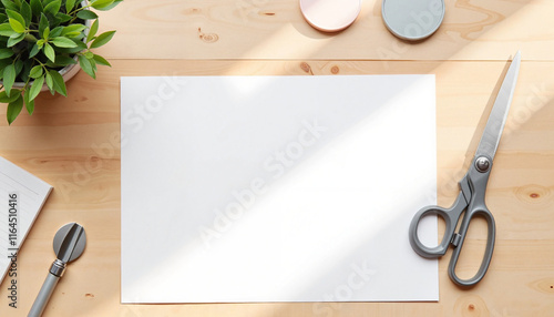 A4 paper mockup with scissors in minimalist office setting, creative design