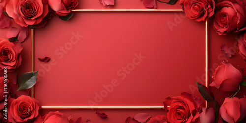 Red Rose Romance: A luxurious, romantic background featuring a golden frame encircled by lush red roses and scattered petals. Perfect for Valentine's Day, wedding invitations, or any romantic project.
