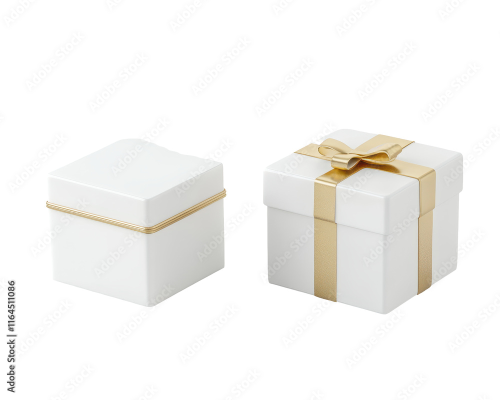 Isolated Pair of White Gift Boxes with Gold Ribbon Isolated Pair of White Gift Boxes with Gold Ribbon