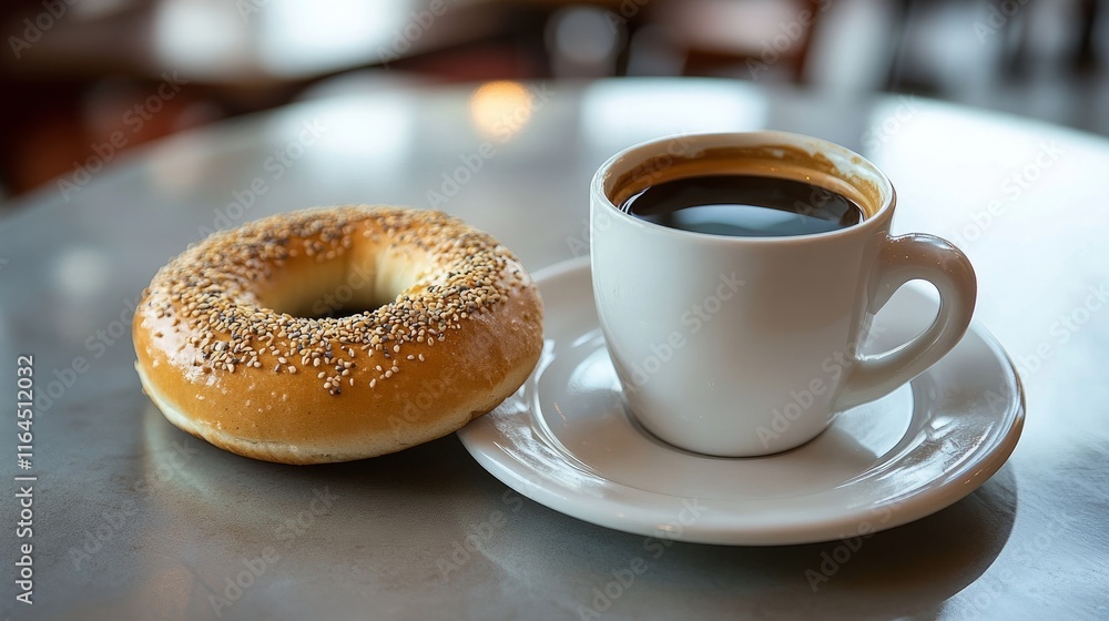 On a café table are a bagel and a cup of coffee.a On a café table are a bagel and a cup of coffee.a