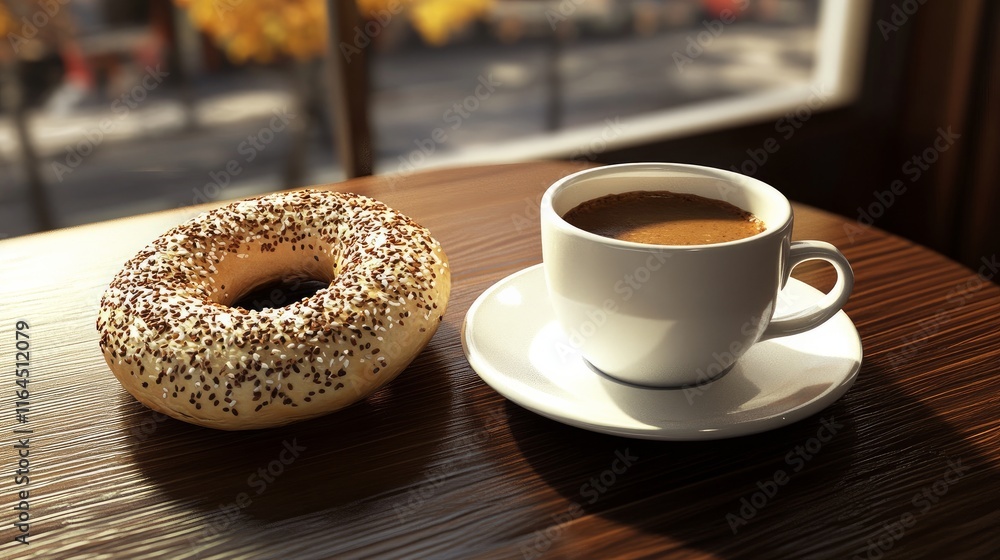 On a café table are a bagel and a cup of coffee.a On a café table are a bagel and a cup of coffee.a