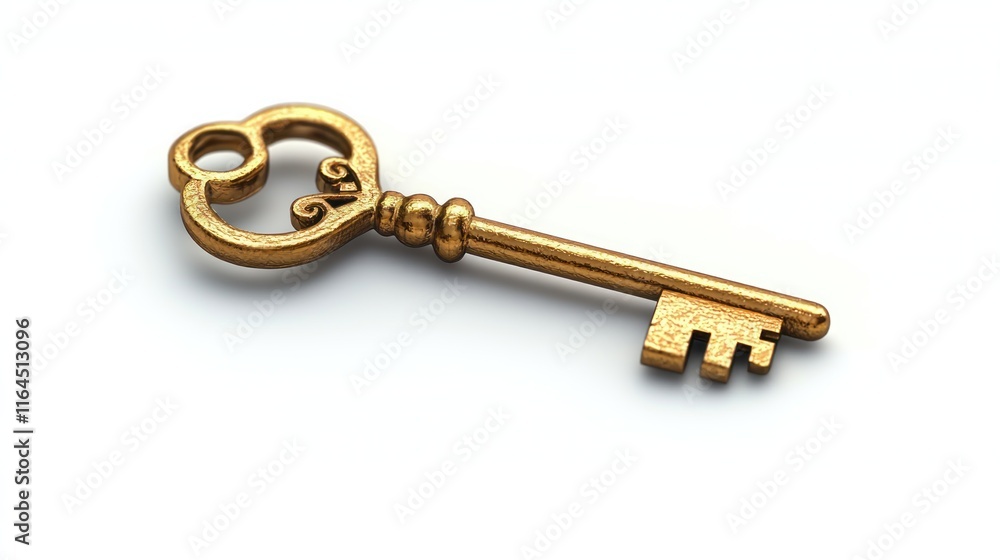 Golden Key to Success: An Ornate Antique Key on White Background Golden Key to Success: An Ornate Antique Key on White Background