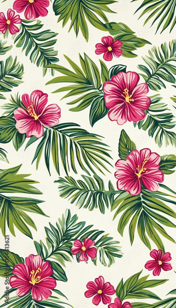 Tropical Paradise Seamless Pattern with Lush Palm Leaves and Vibrant Pink Hibiscus Flowers Tropical Paradise Seamless Pattern with Lush Palm Leaves and Vibrant Pink Hibiscus Flowers