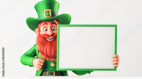 A green leprechaun holding a white sign photo