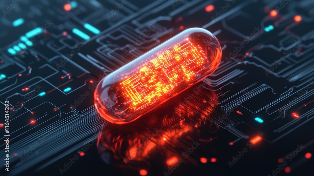 Obraz premium Futuristic Digital Capsule with Neon Glow on Circuit Background