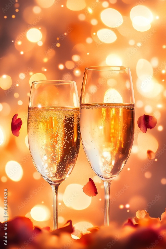Romantic Celebration Background, Champagne Glasses With Bokeh And Petals, Dedicated Text Area Romantic Celebration Background, Champagne Glasses With Bokeh And Petals, Dedicated Text Area
