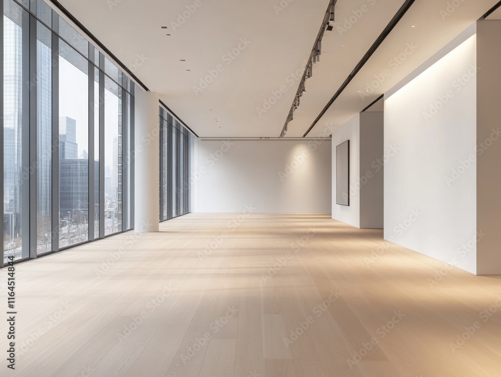 A large, empty room with a lot of windows. The walls are white and the floor is made of wood A large, empty room with a lot of windows. The walls are white and the floor is made of wood