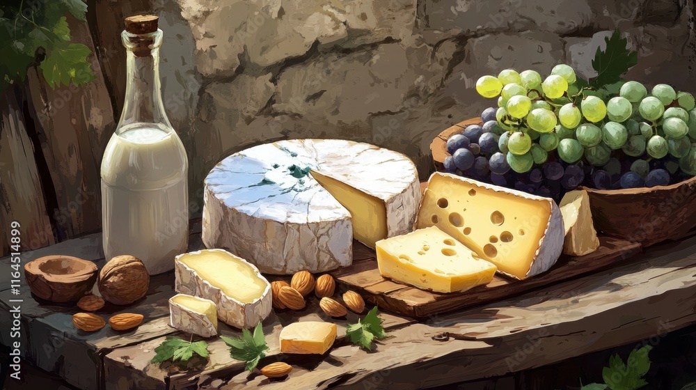 A range of cheeses, including blue, soft, and hard cheeses, are arranged on a wooden table. The rustic presentation is finished with almonds, grapes, and a bottle of milk.