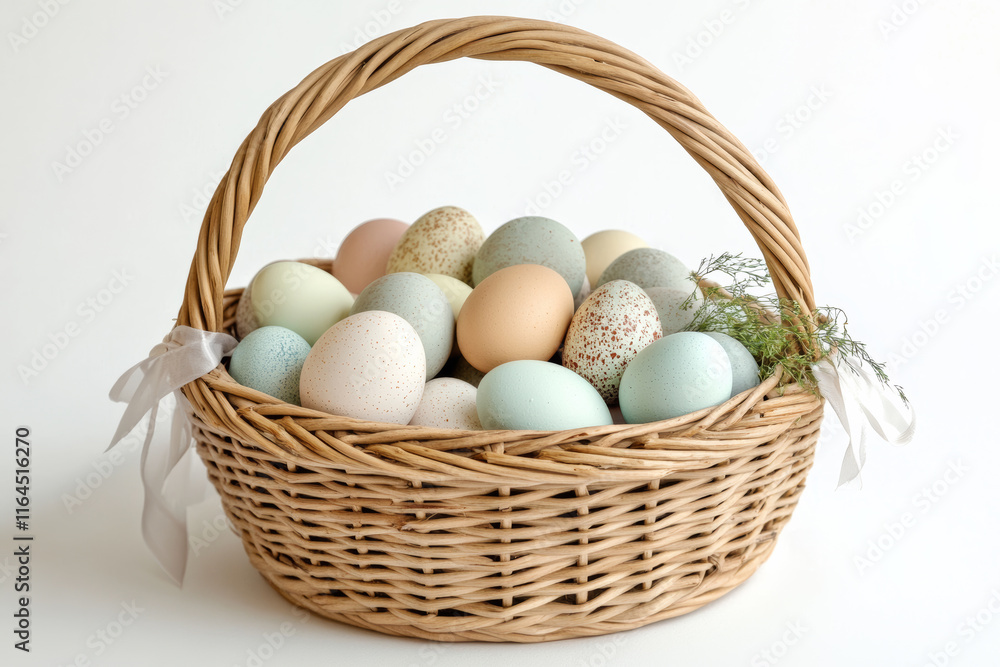 Easter basket styled with pastel eggs on a white background, blending tradition with modern aesthetics. Easter basket styled with pastel eggs on a white background, blending tradition with modern aesthetics.