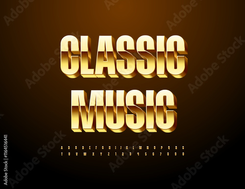 Vector Chic icon Classic Music. Elegant Gold 3D Font. Luxury style set of Alphabet Letters and Numbers