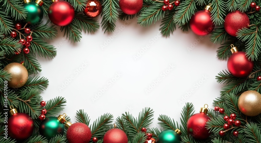 Christmas wreath with red and green ornaments on white background, space for text Christmas wreath with red and green ornaments on white background, space for text