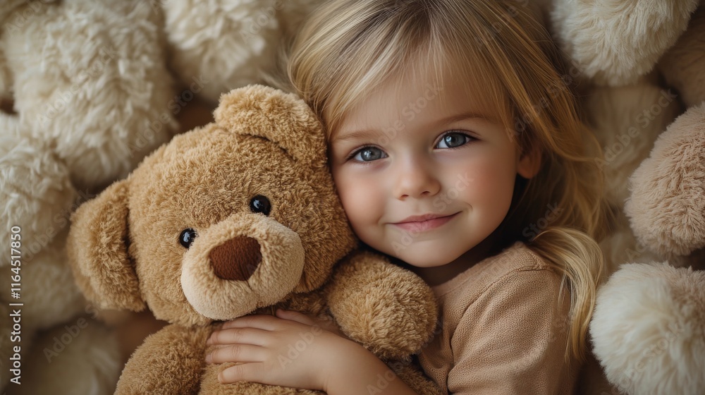 Smiling child with curly hair holding a teddy bear while resting on a soft couch indoors Smiling child with curly hair holding a teddy bear while resting on a soft couch indoors
