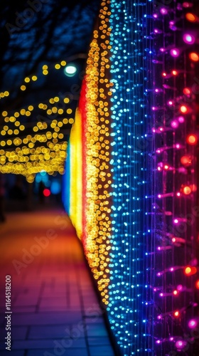 Colorful light display illuminates a city street at night