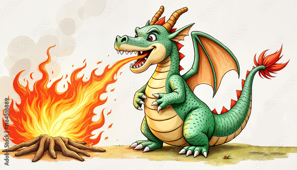 Fototapeta premium Cartoon dragon breathing fire near a campfire