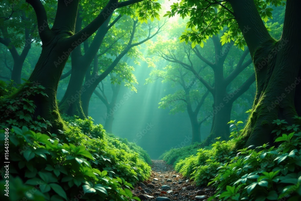 Obraz premium Dense emerald canopy, steamy air, lush vegetation, jungle, ferns, waterfall